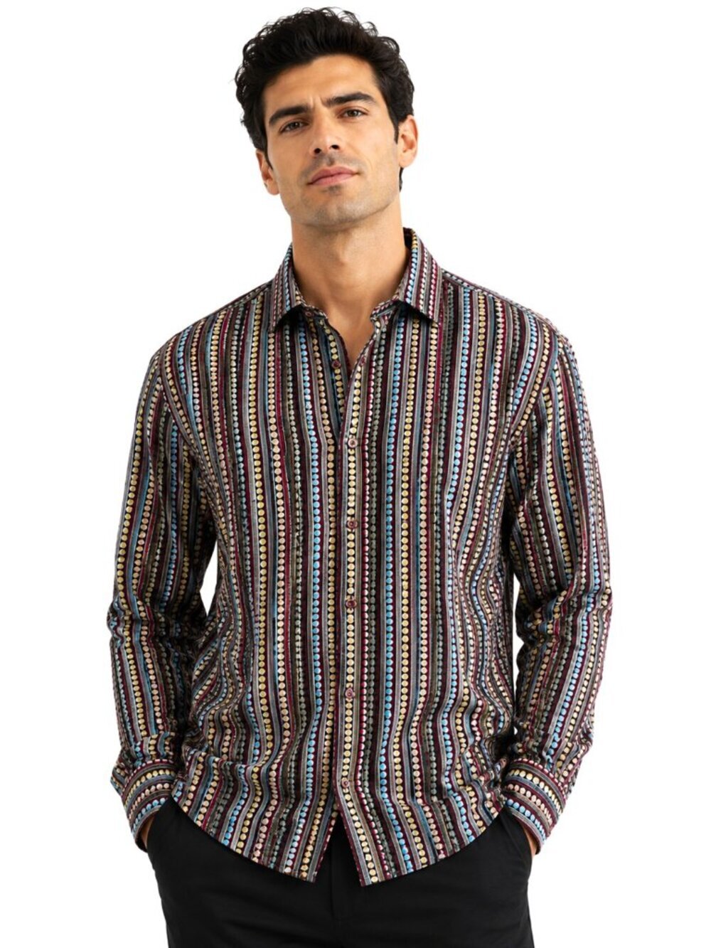 Luchiano Visconti Black Multicolor Geometric Print Cotton Shirt